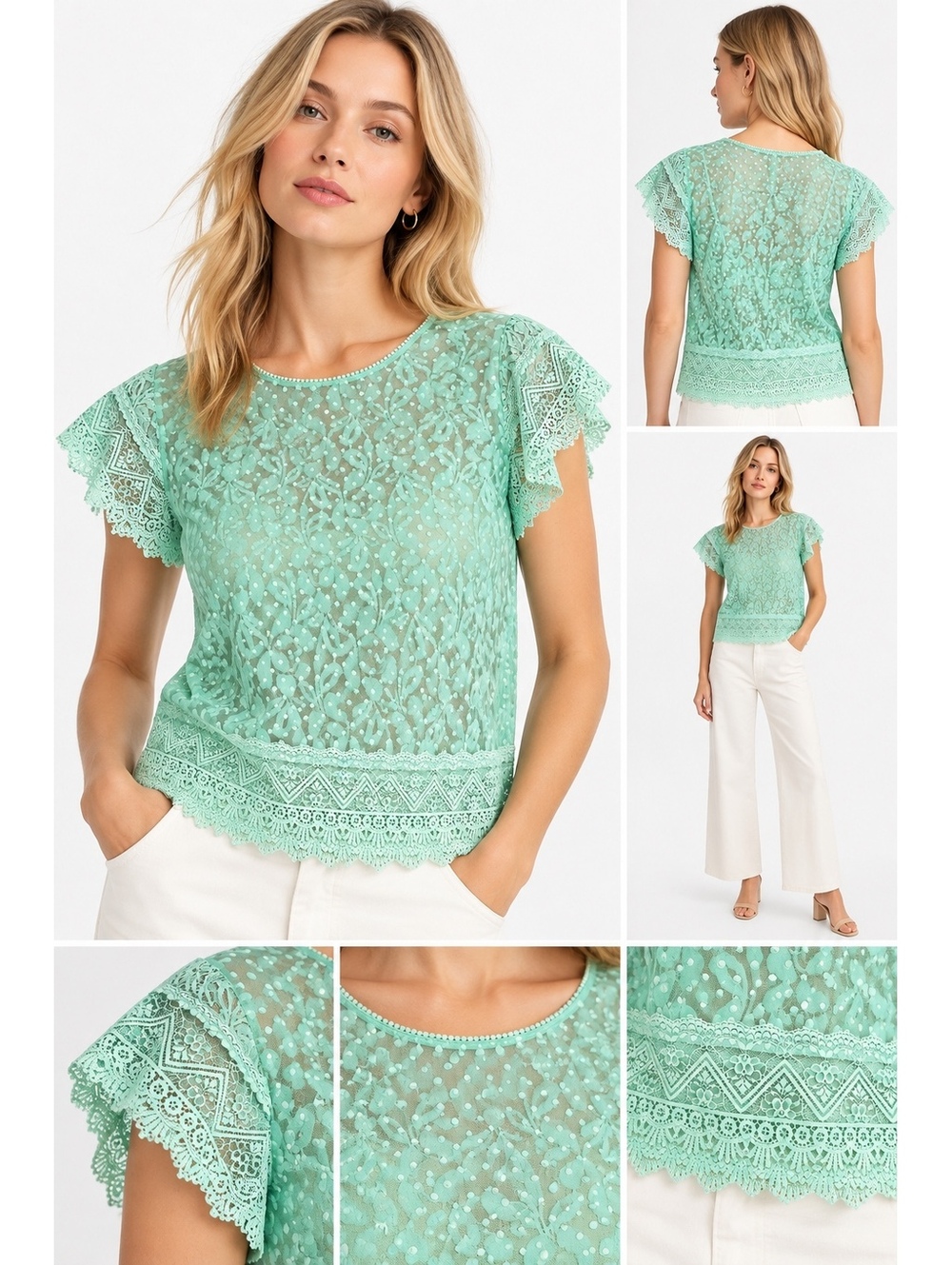 The Limited Mint Green Sheer Lace Blouse Swiss Dot Flutter Sleeve Top